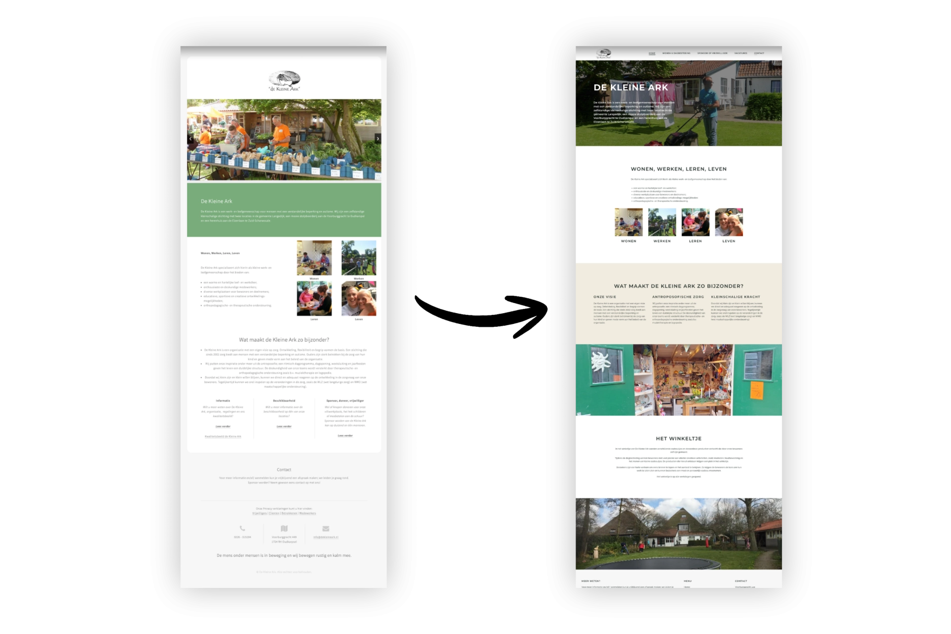 Voor en na vergelijking van de website van De Kleine Ark