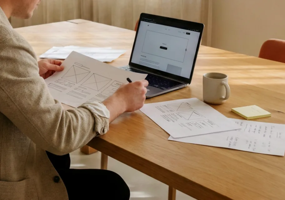 Strategische sessie met wireframes en laptop